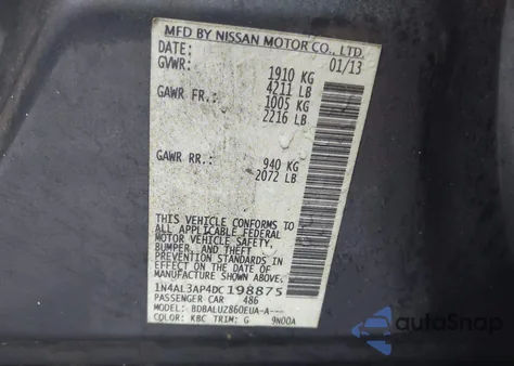 2013 Nissan Altima 2.5 Sv z USA, uszkodzony, nr VIN 1N4AL3AP4DC198875